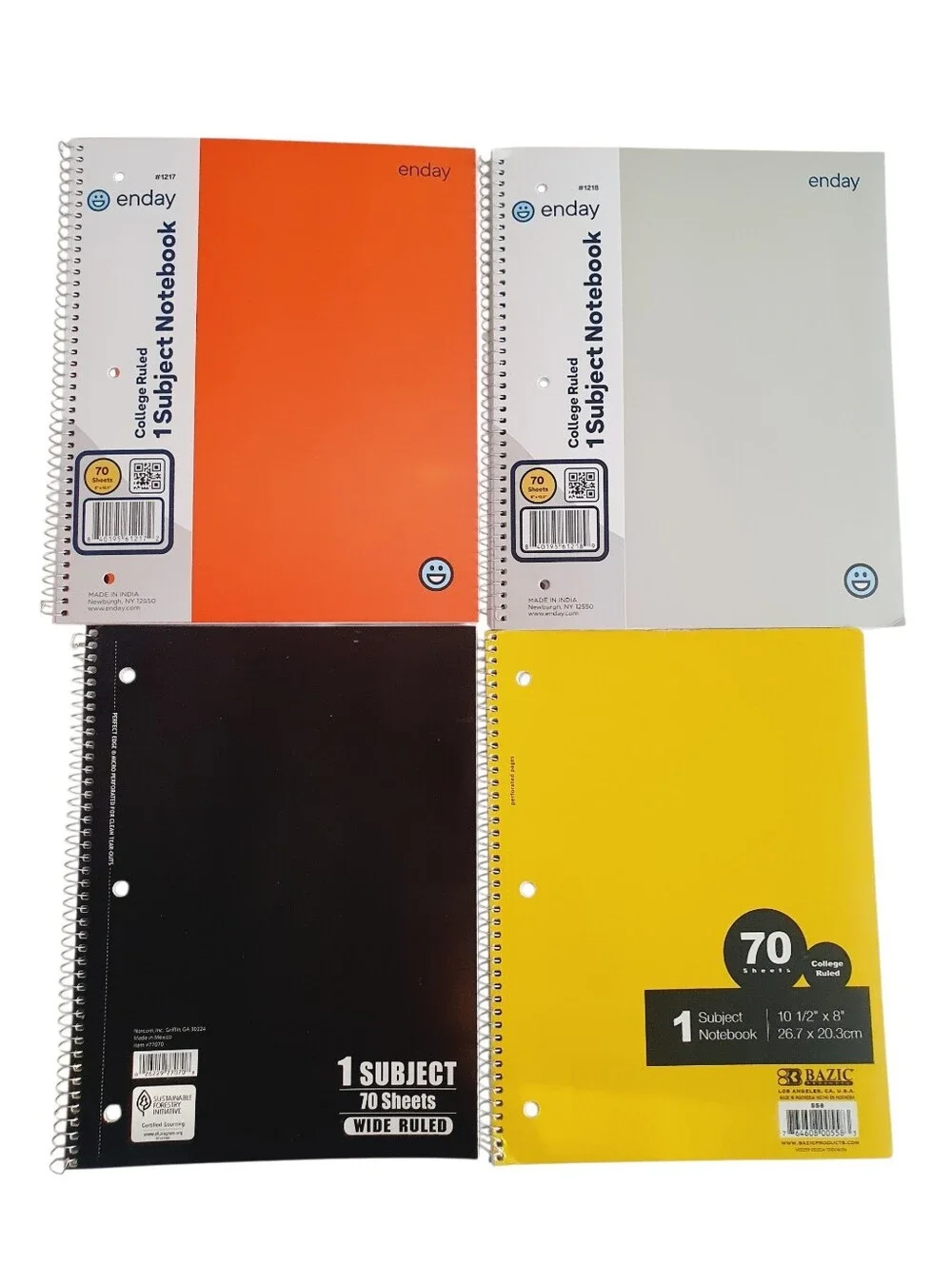 4 Pack Assorted 1 Subject Wide & College Ruled Solid Spiral Notebook